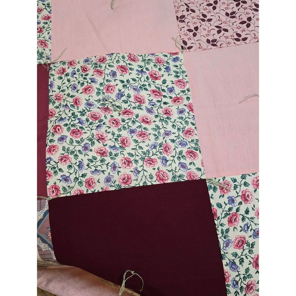 New Handmade Patchwork Quilt Pink Floral Green Folk Art Full Throw Blanket /0188